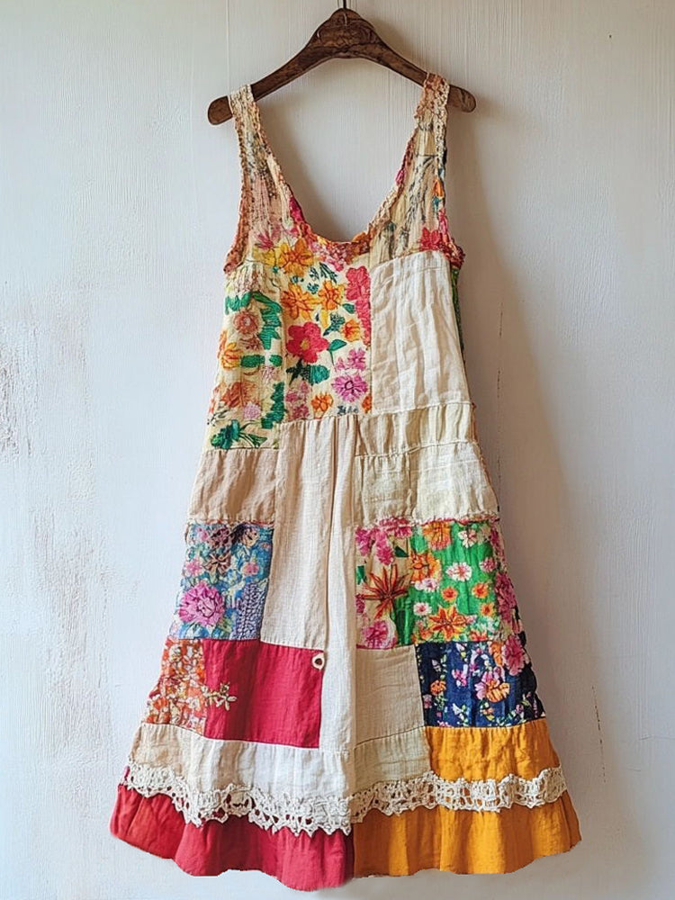 Boho Floral Pattern Patchwork Linen Blend Dress elevenforest