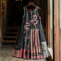 Women's Cherry Blossom Embroidery Patchwork Art Linen Tank Dress elevenforest