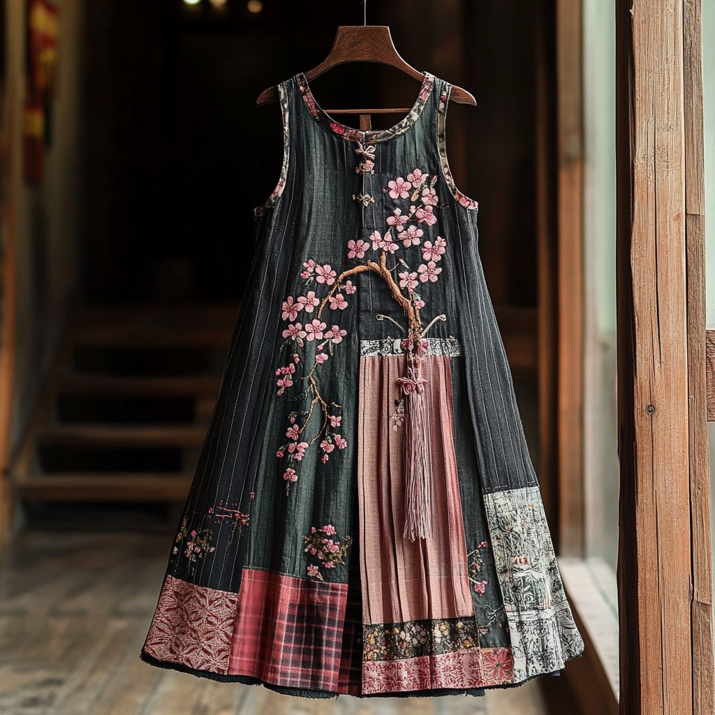 Women's Cherry Blossom Embroidery Patchwork Art Linen Tank Dress elevenforest