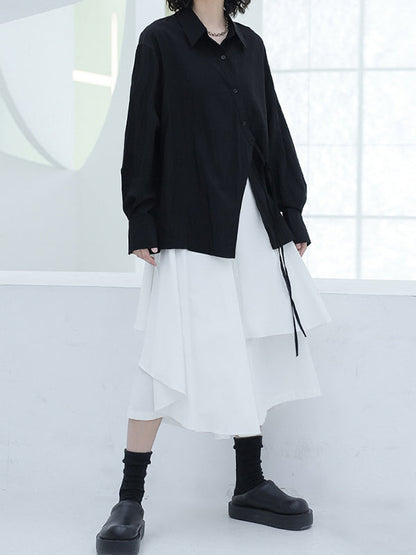 Loose Puff Sleeves Asymmetric Lace-up See-through Color Split-joint Lapel Blouses