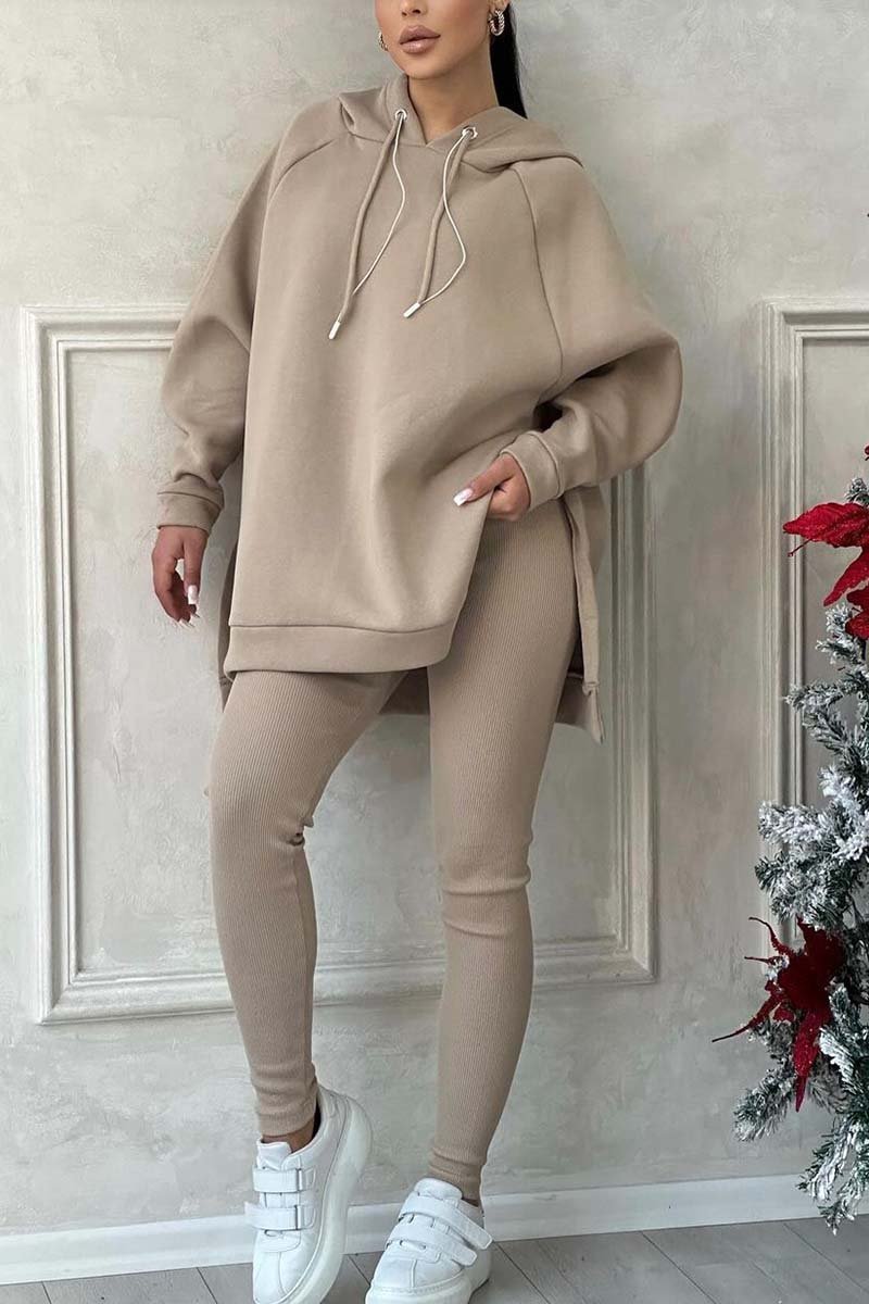 Color Slit Hem Hooded Sweatshirt Sports Suit