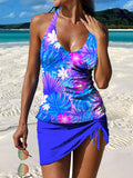Blue Leaves Flowers Print Pleated Drawstring V-neck Tankini Pantskirt Set Swimsuit