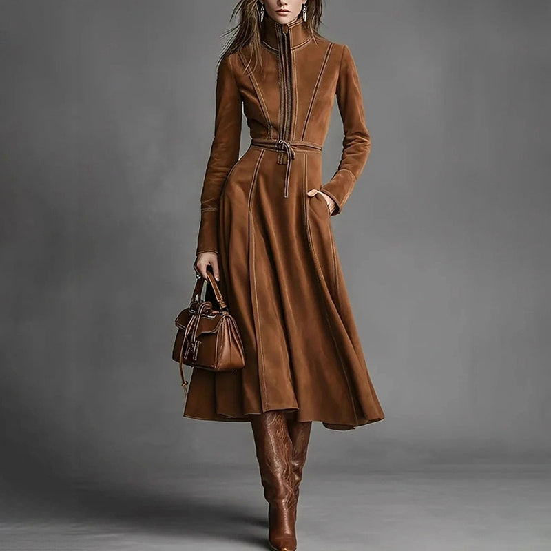 Comstylish Vintage Suede Zip Waist Tie Midi Dress