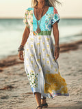 Women's Vintage Floral Patchwork Art Print Pocket Cotton Dress