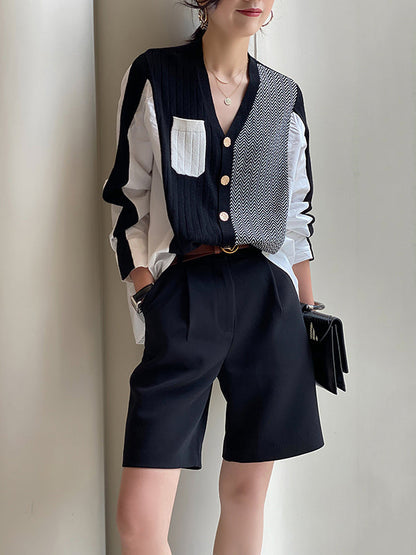 Urban Long Sleeves Contrast Color Split-joint V-neck Cardigan Tops