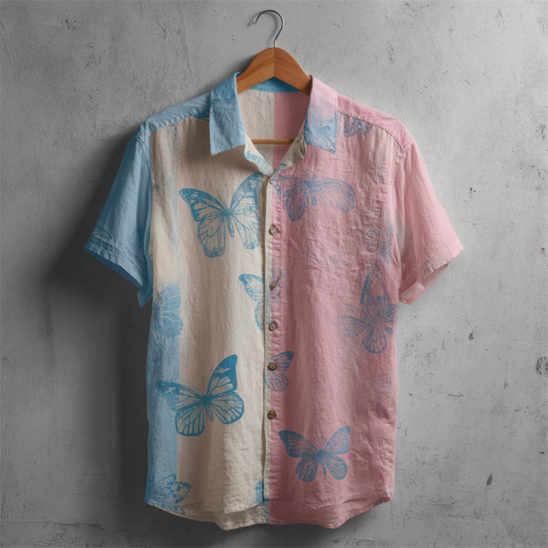 Comstylish Butterflies Pattern Trans Flag Colorblock Linen Shirt