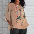 Japanese Art Flower And Bird Print Crew Neck Loose T-shirt elevenforest