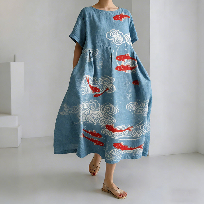 Comstylish Women's Japanese-style Cloud And Fish Print Casual Dress