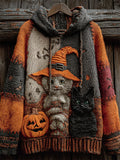 Halloween Witch Cats Colorblock Patchwork Hooded Knit Sweater artswardrobe