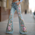 Bohemian Style Women's Plant Flower Embroidery Loose Fit Wide Leg Straight Leg Denim Long Pants elevenforest
