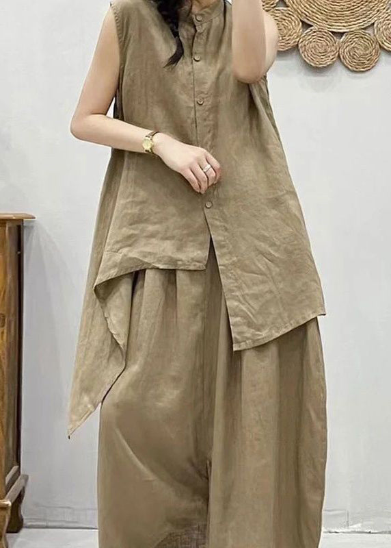 Coffee Stand Collar Asymmetrical Patchwork Linen Waistcoat and Crop Pants Two Pieces Set Summer