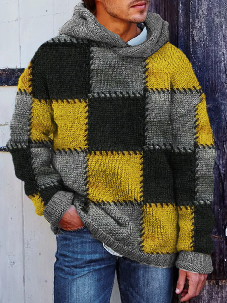 Men's Retro Colorblock Patchwork Stitched Cozy Hooded Sweater elevenforest