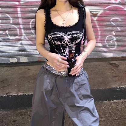 Gothic Print Tops Aesthetic Y2k Crop Top Lace Sleeveless Camisole Vest Harajuku Black Tank Top Clothes