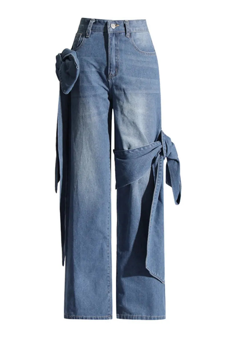Patchwork Belted High Waist Straight Denim Jeans