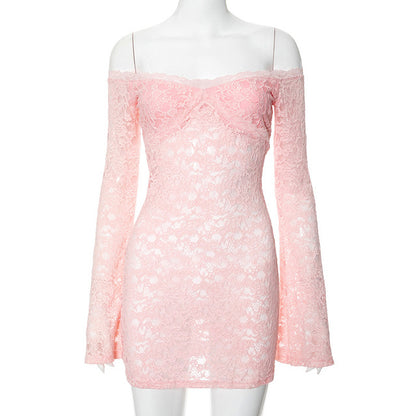 Taruxy Off Shoulder See-through Lace Dress for Long Sleeve Slim Splice Beach Evening Mini Dress Female