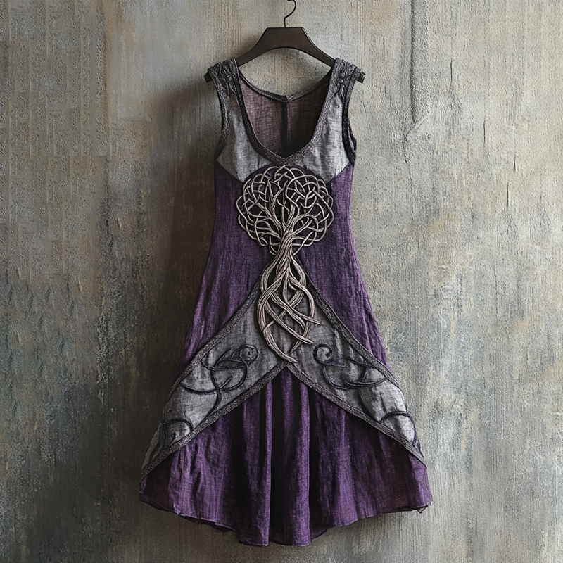 Vintage Viking Tribal Celtic Knot Tree Of Life Patchwork Art Linen Tank Dress elevenforest