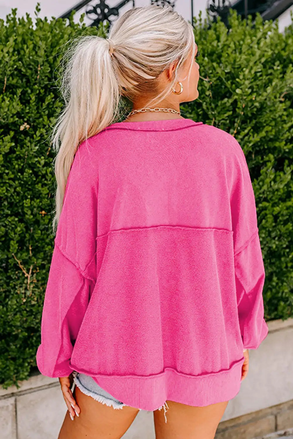 Drop Shoulder Henley Sweatshirt Rosy