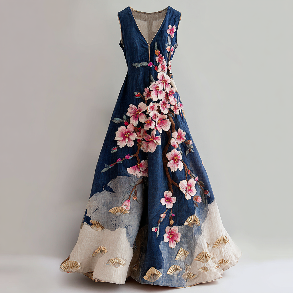 Women's Vintage Japanese Cherry Blossom And Fan Leaf Linen Dress