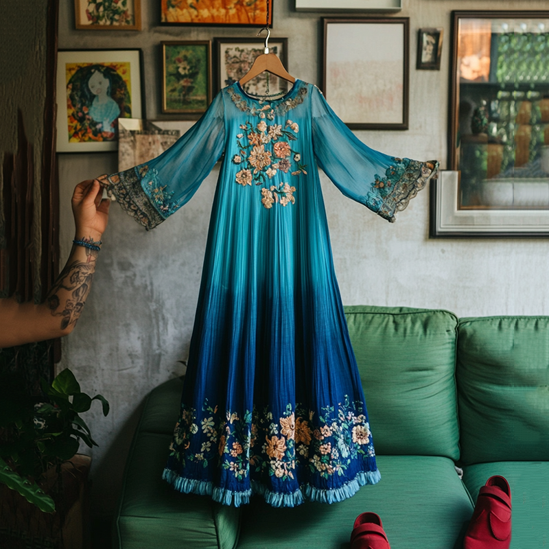 Women's Distressed Floral Embroidered Gradient Linen Dress elevenforest