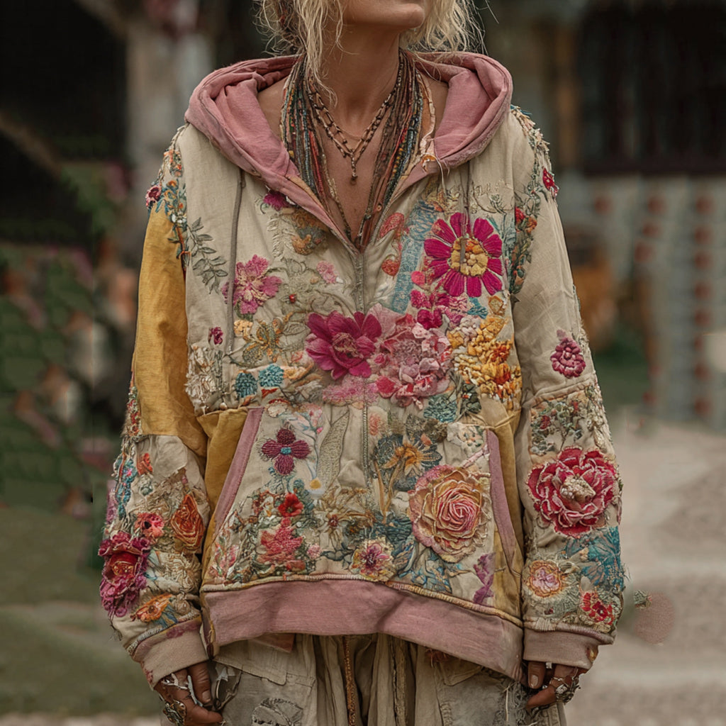 Women's Bohemian Floral Patchwork Cozy Warm Hoodie elevenforest