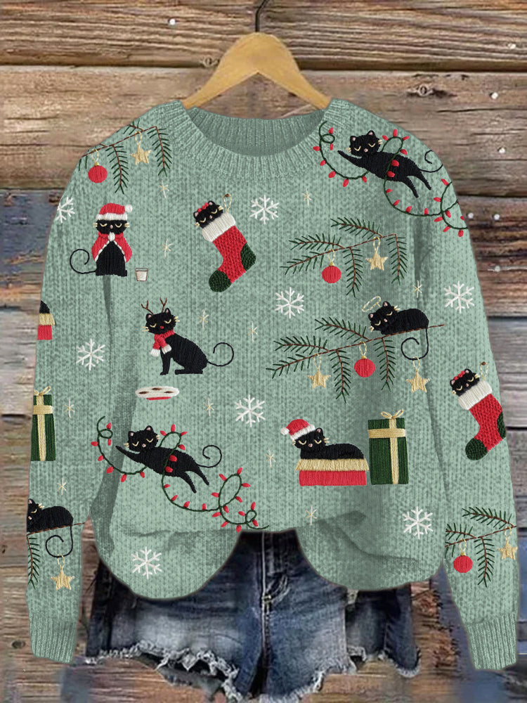 Christmas Cats Embroidery Cozy Sweater elevenforest