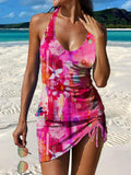 Pink Pattern Print Pleated Drawstring V-neck Tankini Pantskirt Set Swimsuit