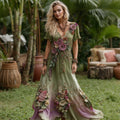 Women's Vintage Floral Embroidery Gradient Pattern V-neck Short Sleeves Maxi Dress elevenforest