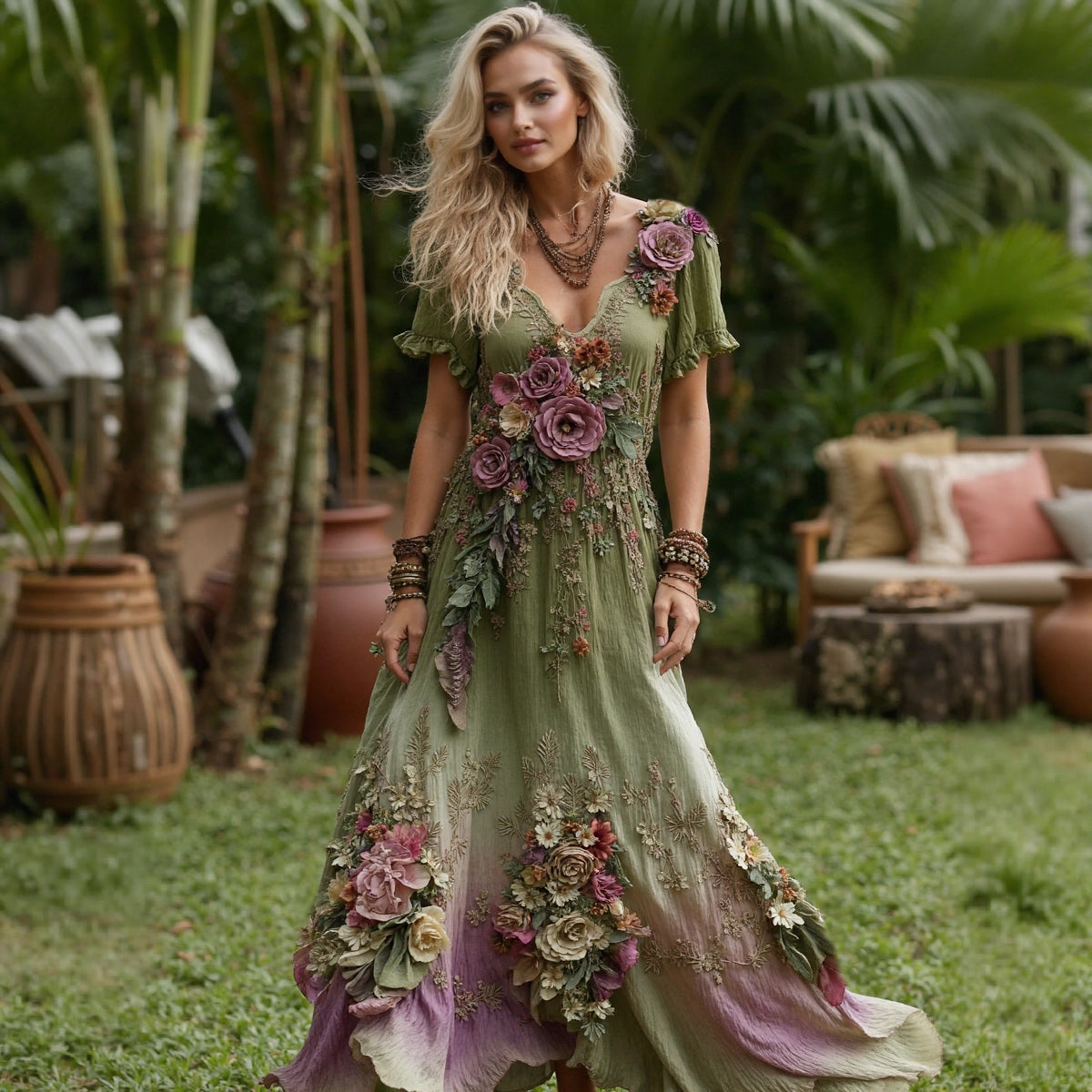 Women's Vintage Floral Embroidery Gradient Pattern V-neck Short Sleeves Maxi Dress elevenforest