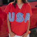 Women's Usa Stripe Applique Art V-neck T-shirt elevenforest