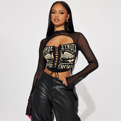 Cutenova Graphic Print Straps Tops Backless Mesh Patchwork Elastic Shirt Hollow Sheer Outfits