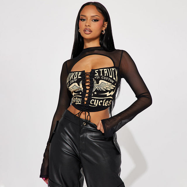 Cutenova Graphic Print Straps Tops Backless Mesh Patchwork Elastic Shirt Hollow Sheer Outfits