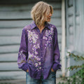 Women's Vintage Iris Embroidered Floral Linen Long Sleeve Shirt elevenforest