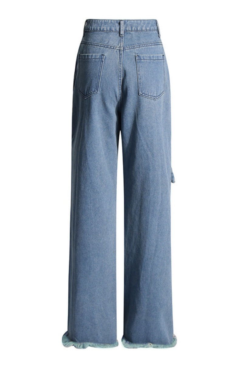 Color Patchwork Mid Waist Straight Denim Jeans