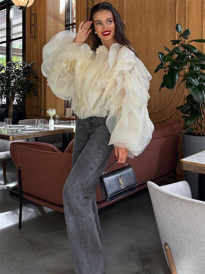 Tossy Patchwork Ruffled White Shirts for High Waist Long Sleeve Blouse Top
