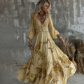 Women's Yellow Roses And Floral Art Print V-neck Long Sleeve Maxi Dress elevenforest