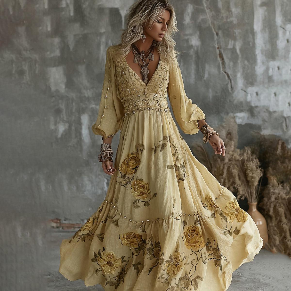 Women's Yellow Roses And Floral Art Print V-neck Long Sleeve Maxi Dress elevenforest