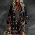Women's Vintage Floral Art Flowy Linen Blend Casual Round Neck Long Sleeve Maxi Dress elevenforest