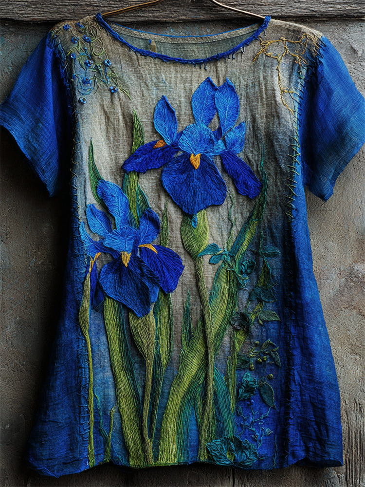 Vintage Irises Embroidered Contrast Linen Tunic elevenforest