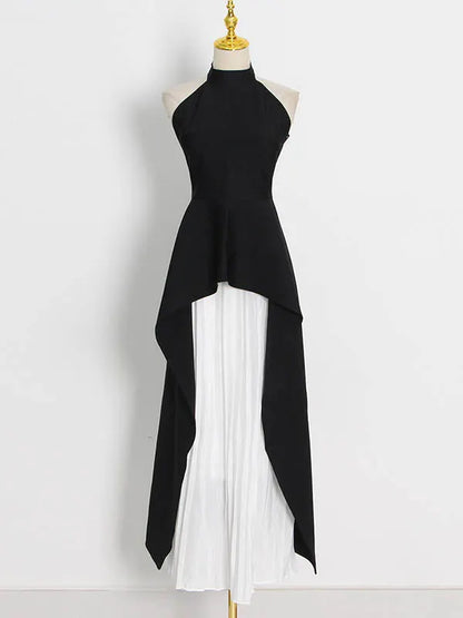 Original Sleeveless Irregularity Color High-neck T-shirt Top&pleated Skirt Bottom Two Pieces Set