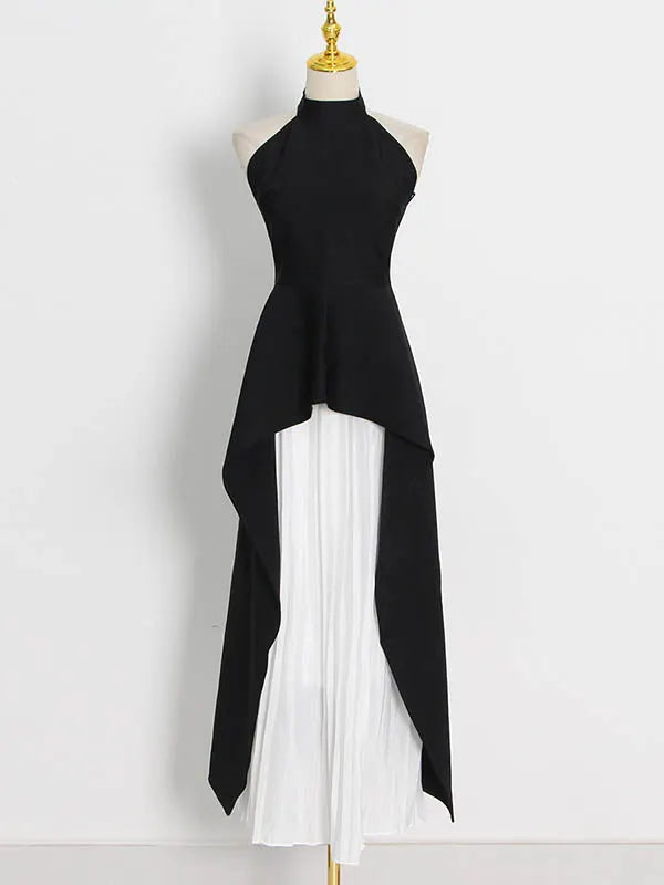 Original Sleeveless Irregularity Color High-neck T-shirt Top&pleated Skirt Bottom Two Pieces Set