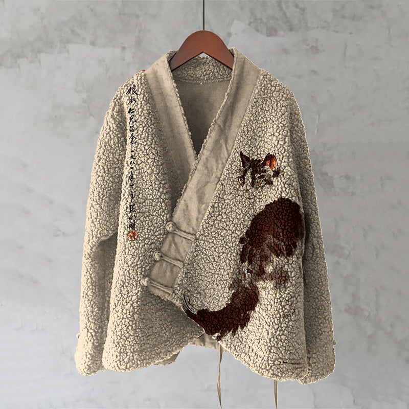 Japanese Cat Art Plush Cardigan elevenforest