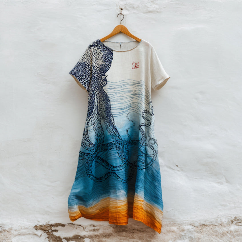 Japanese Octopus In Gradient Art Linen Tank Dress elevenforest