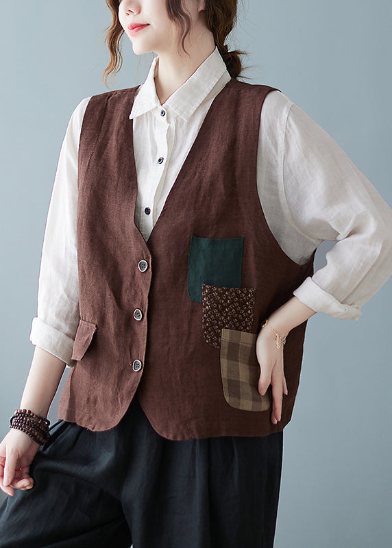Coffee V Neck Pockets Button Cotton Vest Tops Sleeveless