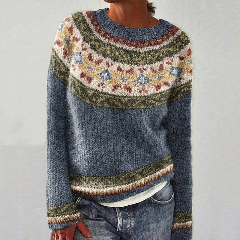 Vintage Color Block Tribal Floral Icelandic Knit Pullover Sweater elevenforest