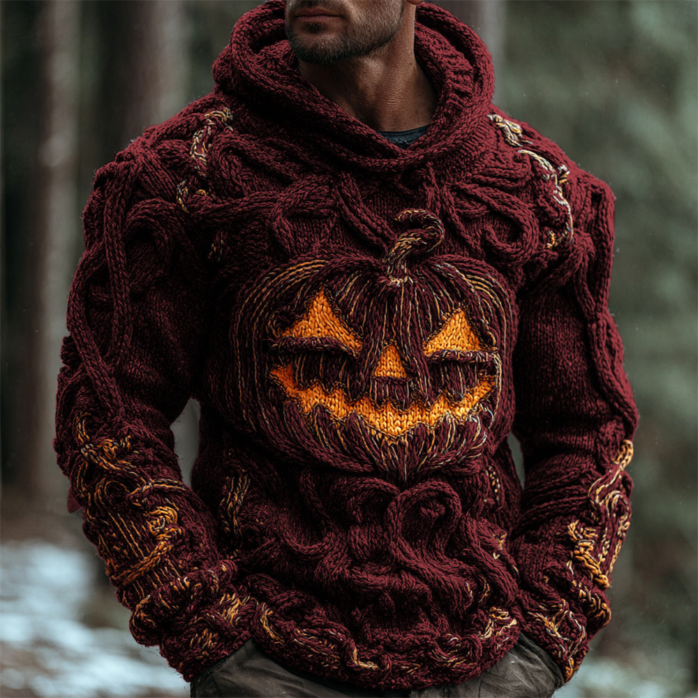 Halloween Pumpkin Emoji Men's Chunky Knit Hooded Sweater elevenforest