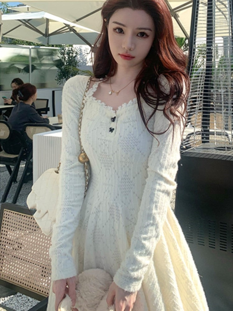 Autumn Winter Knitted Dress Long Sleeve A-line Korean Slim Female Birthday Party Prom Vestidos Mini Dresses