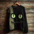 Halloween Fuzzy Black Cat Inspired Contrast Cozy Knit Sweater