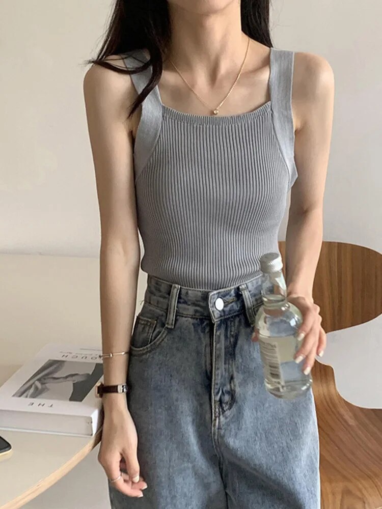 Spring Crop Tops Strapy Camis Sleeveless Tank Tops Tops Plain Camis Square Tops for Korean