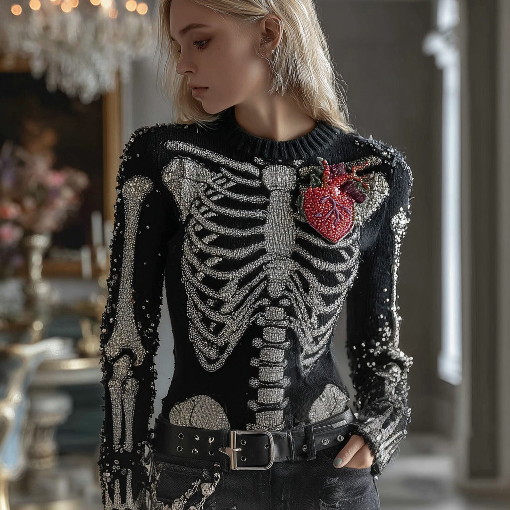 Women's Halloween Human Anatomy Gemstones Pattern Round Neck Sweater elevenforest