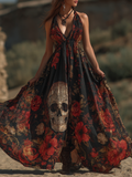 Halloween Theme Rose And Skull Pattern Women's V-neck Long Dress elevenforest